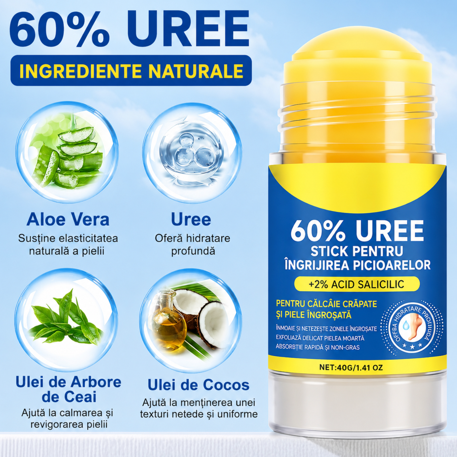 Stick cu 60% Uree pentru Călcâie Crăpate și Piele Uscată